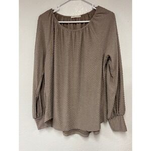 Twenty Second Textured Dot‎ Long Sleeve Blouse Casual Top Taupe Large